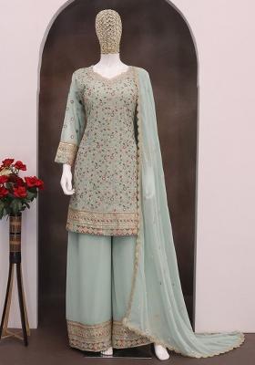 Sea Green Embroidered Georgette Palazzo Set With Dupatta