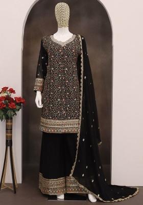 Black Embroidered Georgette Palazzo Set With Dupatta