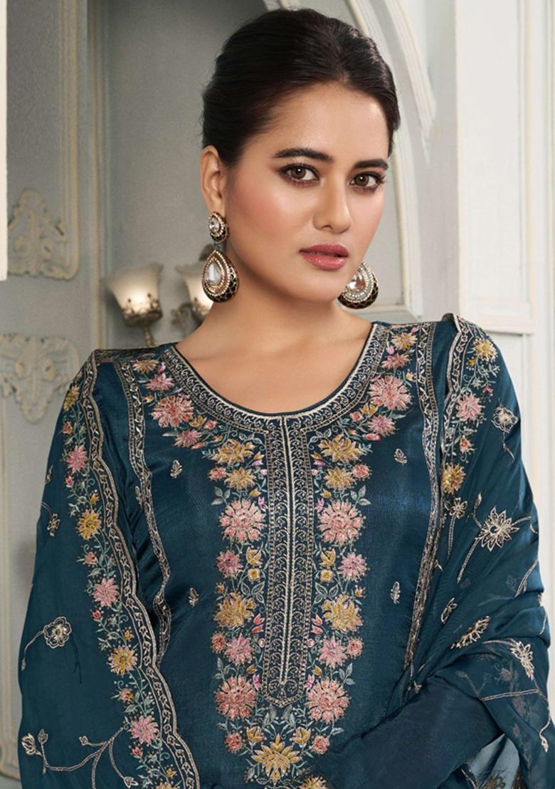 Aqua Blue Embroidered Silk Salwar Kameez With Dupatta