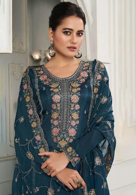 Aqua Blue Embroidered Silk Salwar Kameez With Dupatta