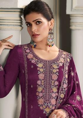 Wine Embroidered Silk Salwar Kameez With Dupatta