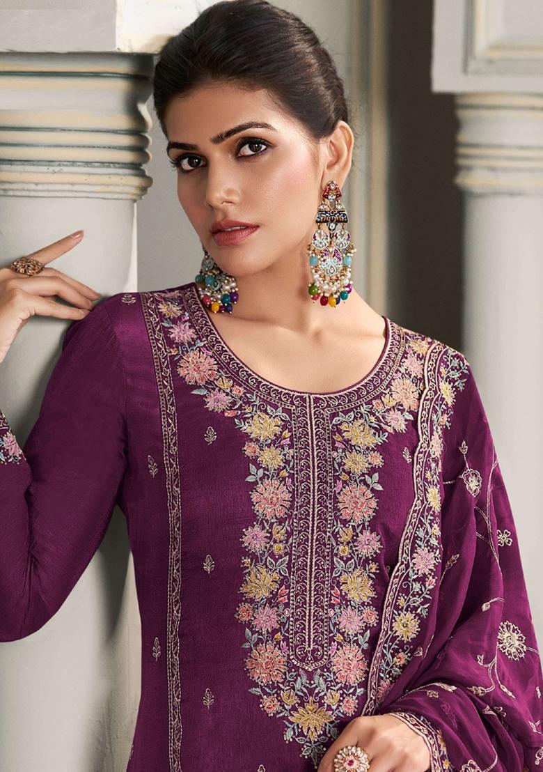 Wine Embroidered Silk Salwar Kameez With Dupatta