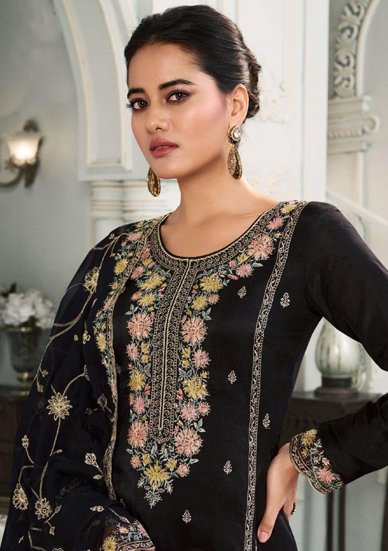 Black Embroidered Silk Salwar Kameez With Dupatta