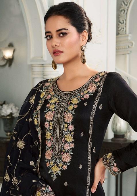 Black Embroidered Silk Salwar Kameez With Dupatta