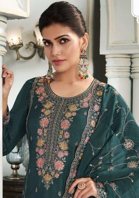 Green Embroidered Silk Salwar Kameez With Dupatta