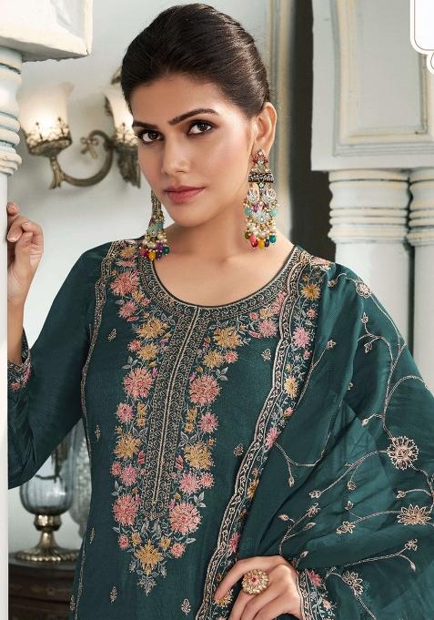 Green Embroidered Silk Salwar Kameez With Dupatta