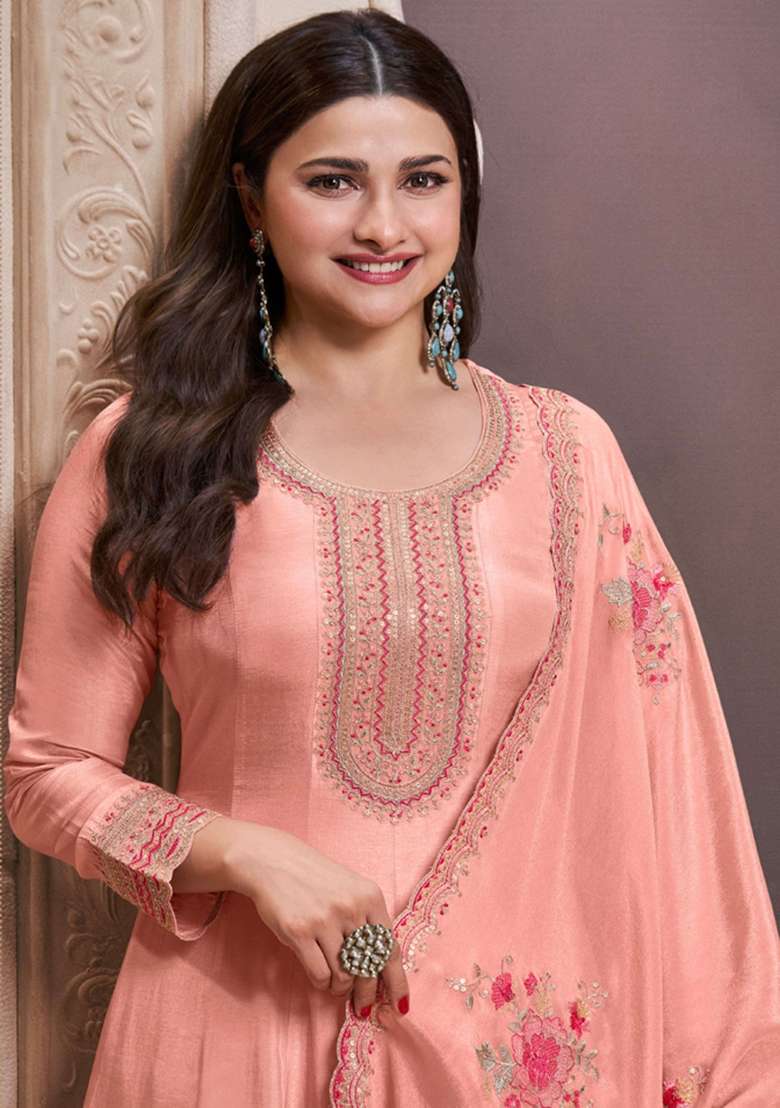 Peach Embroidered Silk Blend Pakistani Suit Set - Indya