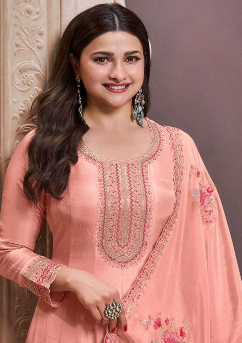 Peach Embroidered Silk Blend Pakistani Suit Set - Indya