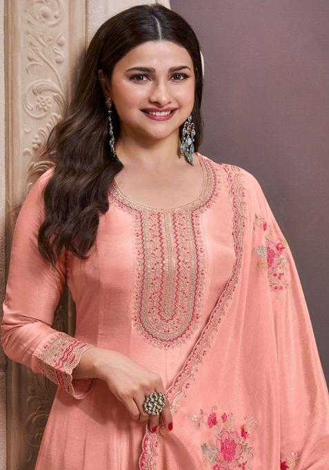 Peach Embroidered Silk Anarkali Set With Dupatta