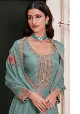 Turquoise Blue Embroidered Silk Anarkali Set With Dupatta