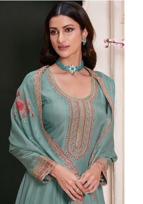 Turquoise Blue Embroidered Silk Anarkali Set With Dupatta