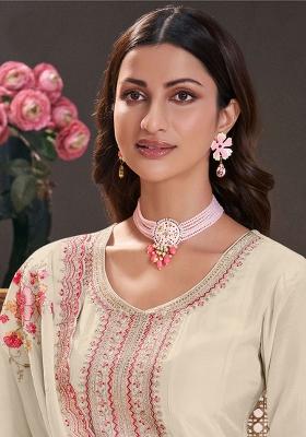 Off White Embroidered Silk Anarkali Set With Dupatta