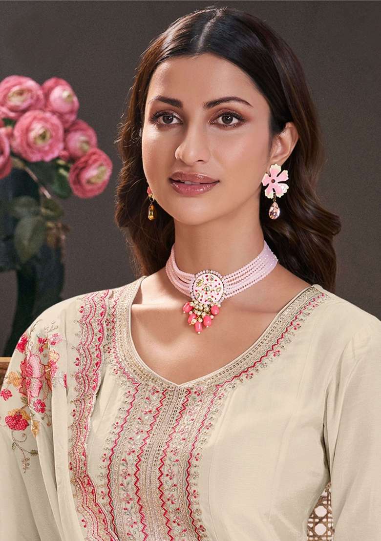 Off White Embroidered Silk Blend Straight Kurta Set - Indya