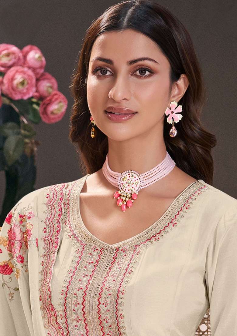 Off White Embroidered Silk Blend Straight Kurta Set - Indya