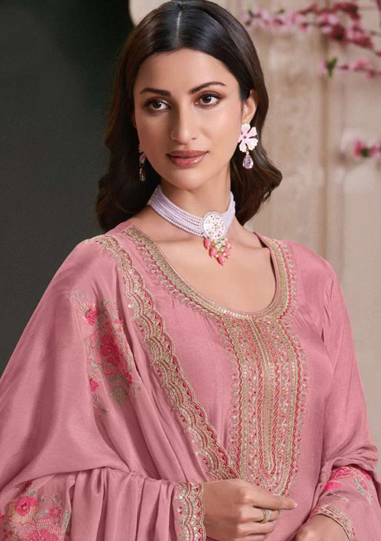 Light Pink Embroidered Silk Blend Pakistani Suit Set - Indya