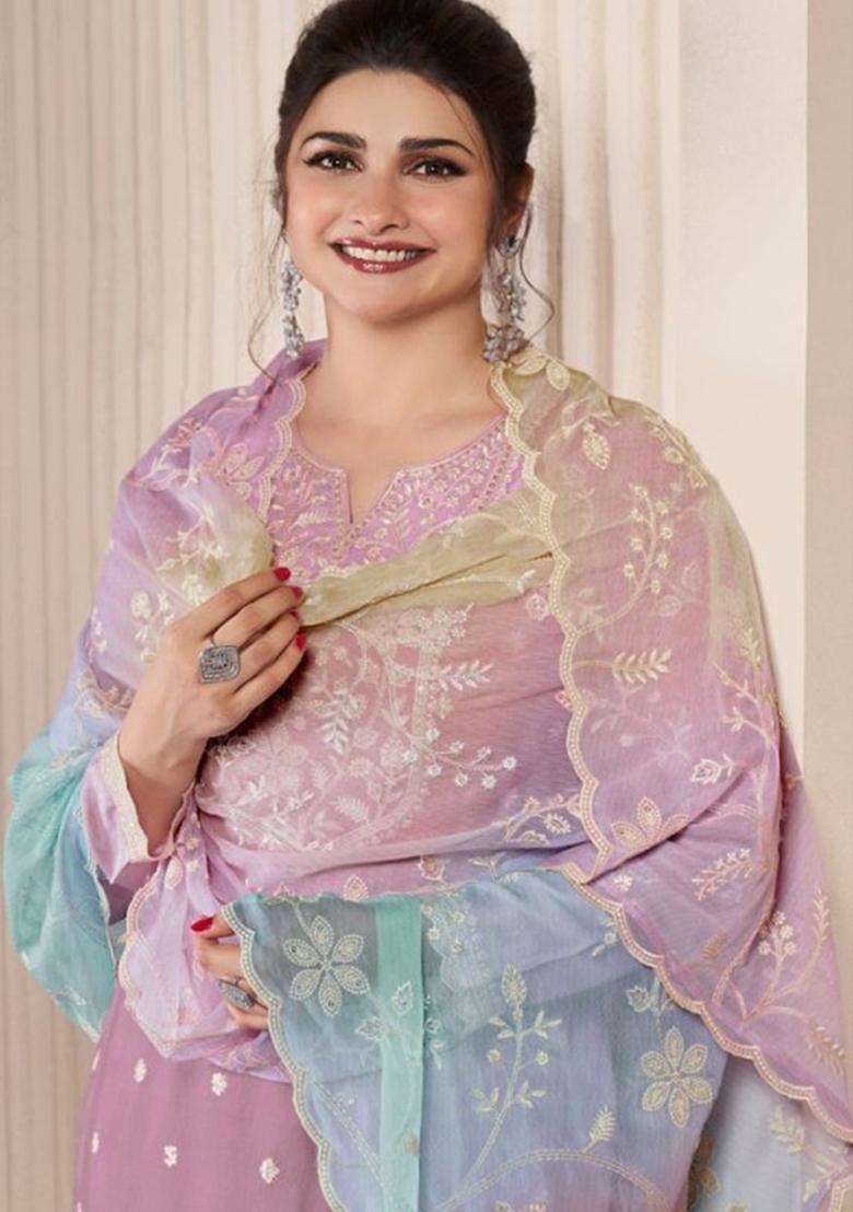 Light Lavender Embroidered Silk Salwar Kameez With Dupatta