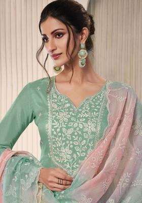 Sea Green Embroidered Silk Salwar Kameez With Dupatta