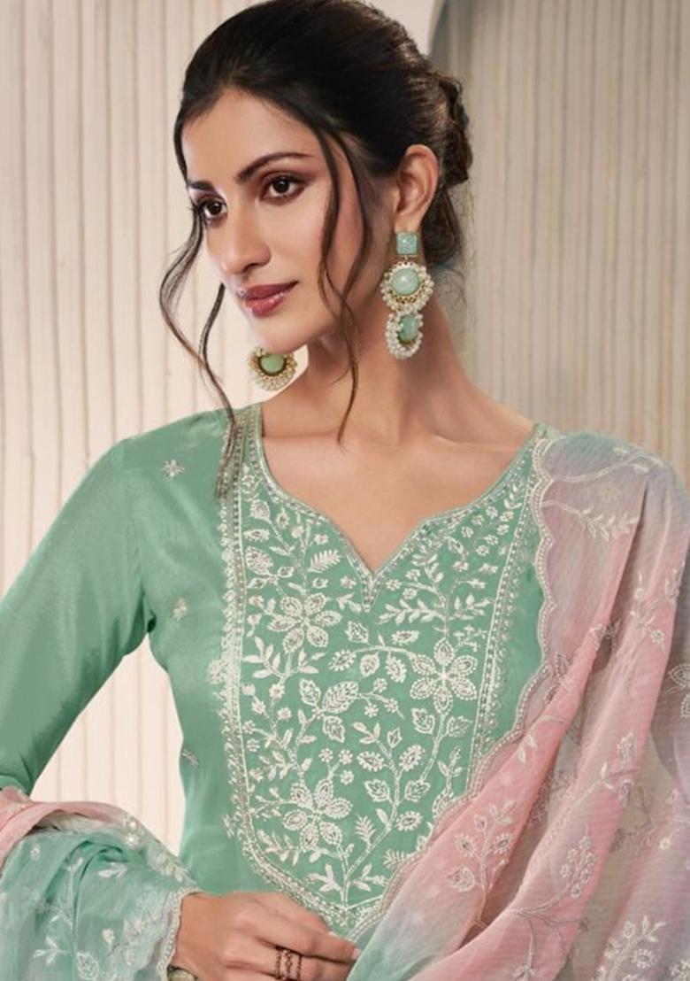 Sea Green Embroidered Silk Salwar Kameez With Dupatta