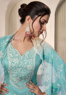 Sky Blue Embroidered Silk Salwar Kameez With Dupatta