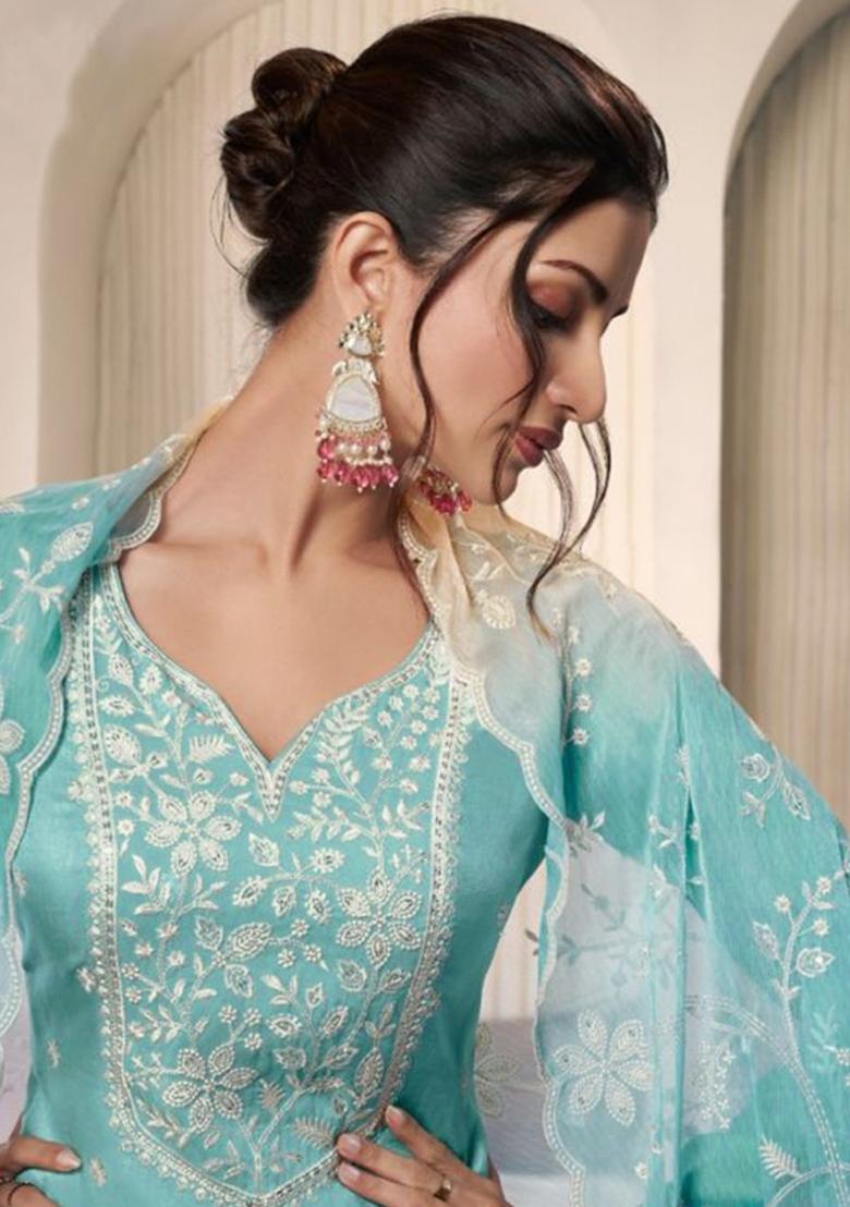 Sky Blue Embroidered Silk Salwar Kameez With Dupatta