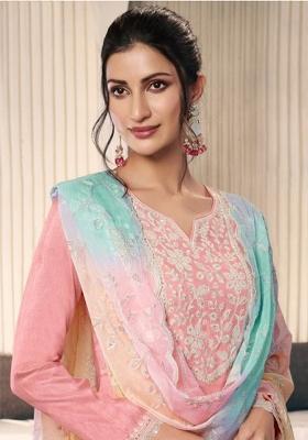 Peach Embroidered Silk Salwar Kameez With Dupatta