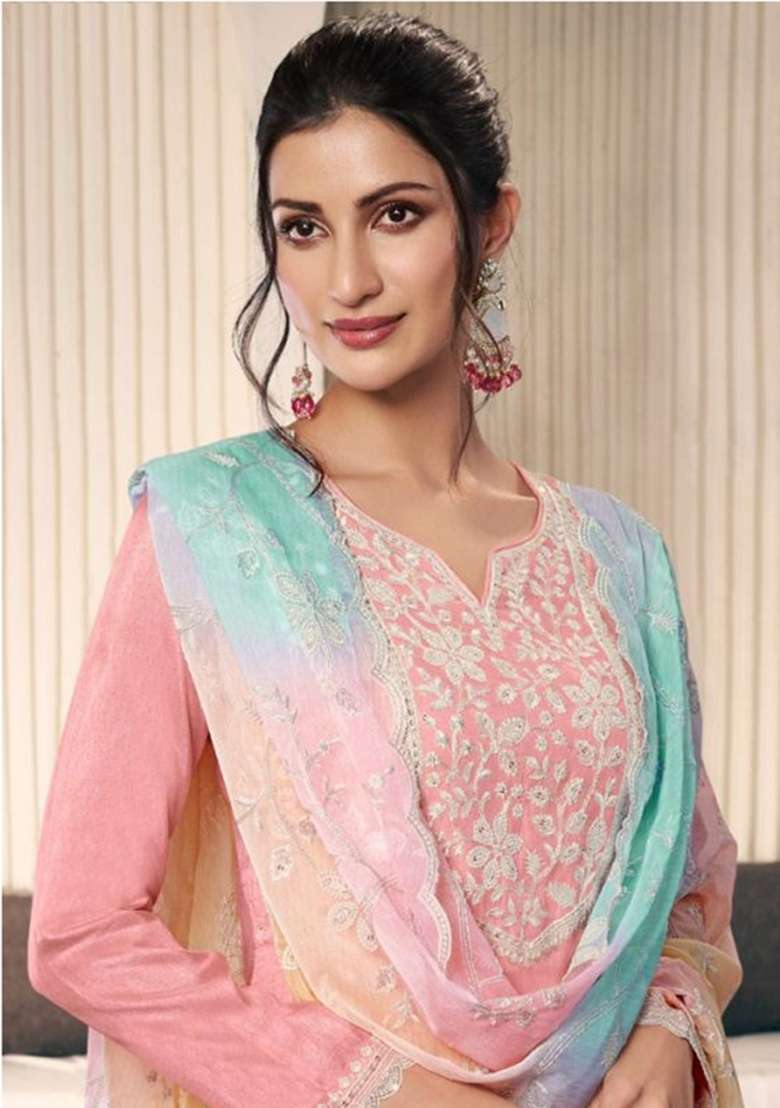 Peach Embroidered Silk Blend Straight Kurta Set - Indya