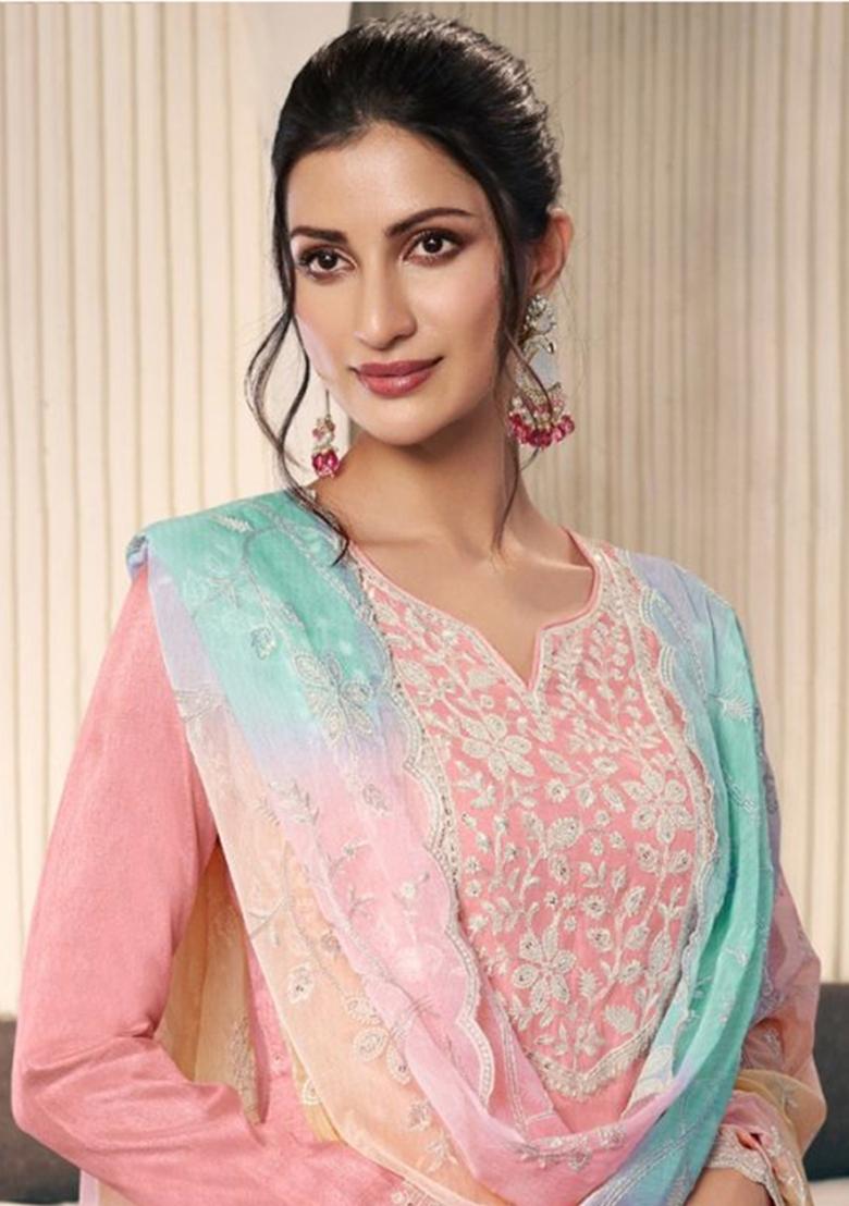 Peach Embroidered Silk Salwar Kameez With Dupatta