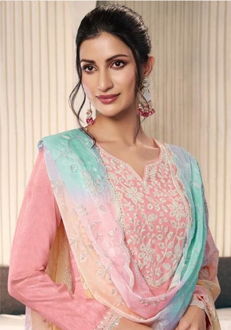 Peach Embroidered Silk Salwar Kameez With Dupatta