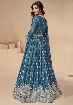 Aqua Blue Embroidered Art Silk Anarkali Set With Dupatta