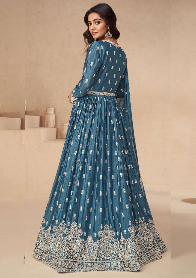 Aqua Blue Embroidered Silk Blend Anarkali Set - Indya