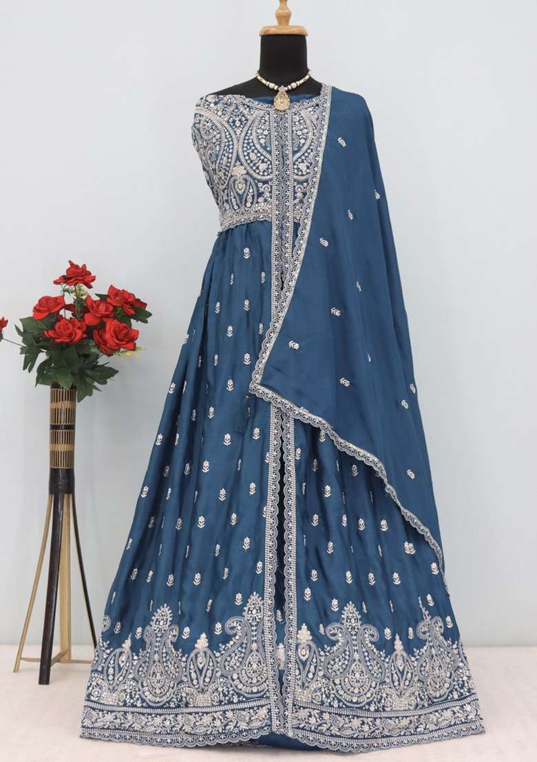 Aqua Blue Embroidered Silk Blend Anarkali Set - Indya