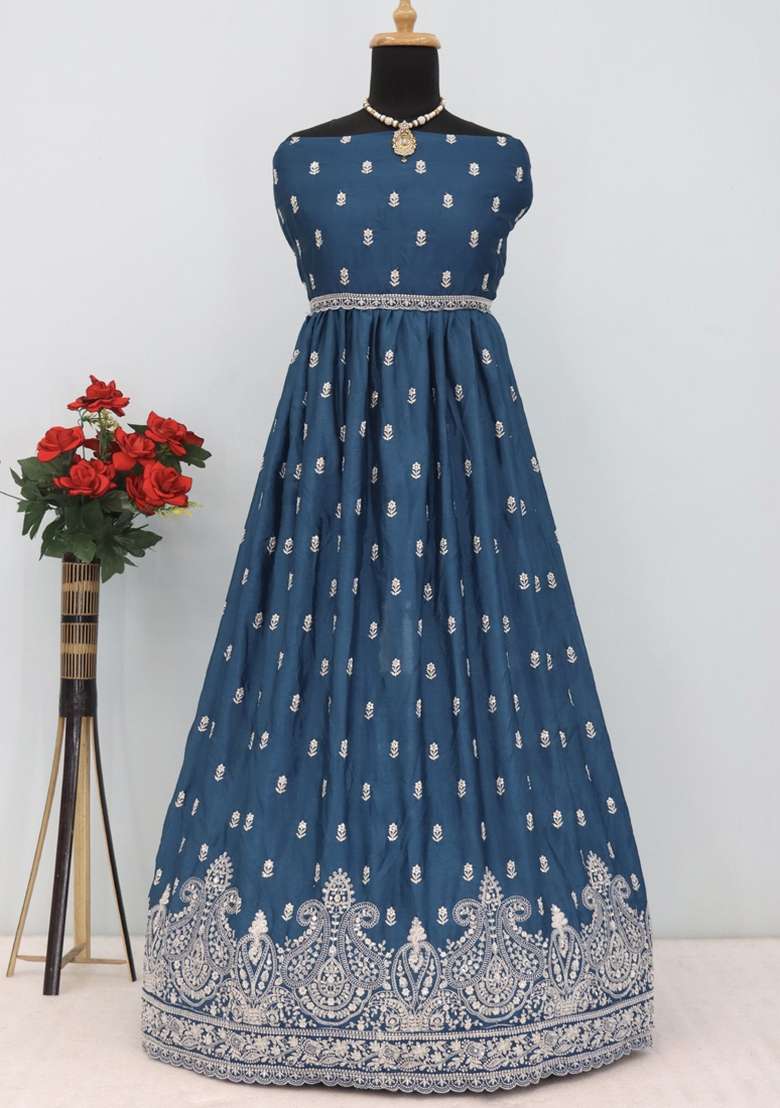 Aqua Blue Embroidered Silk Blend Anarkali Set - Indya