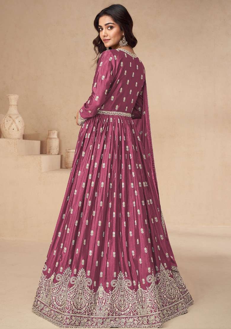Pink Printed Silk Blend Anarkali Set - Indya