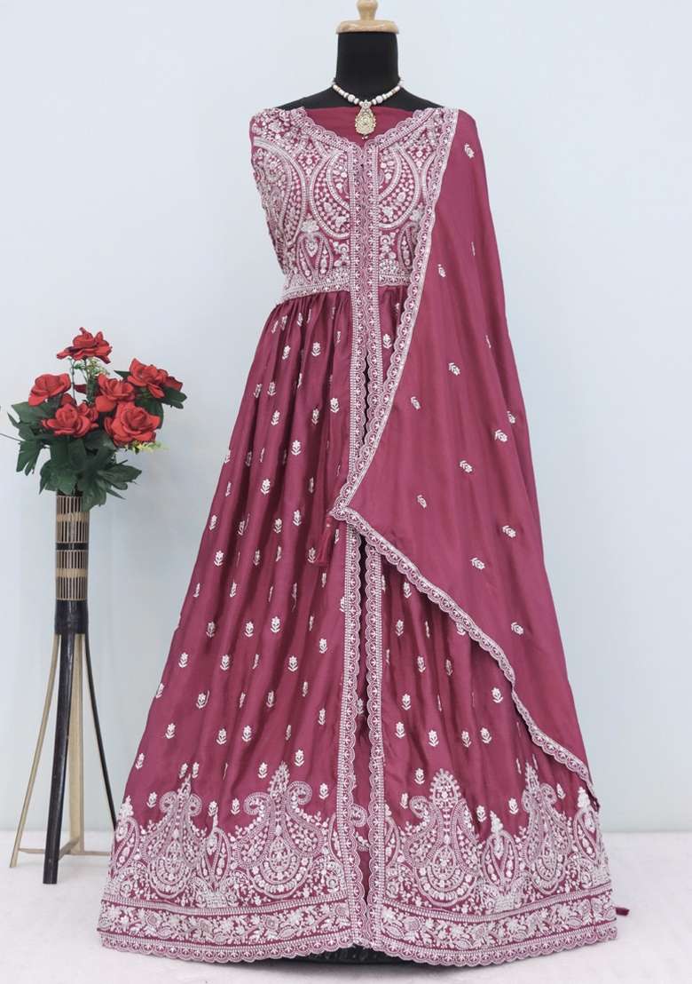 Pink Printed Silk Blend Anarkali Set - Indya