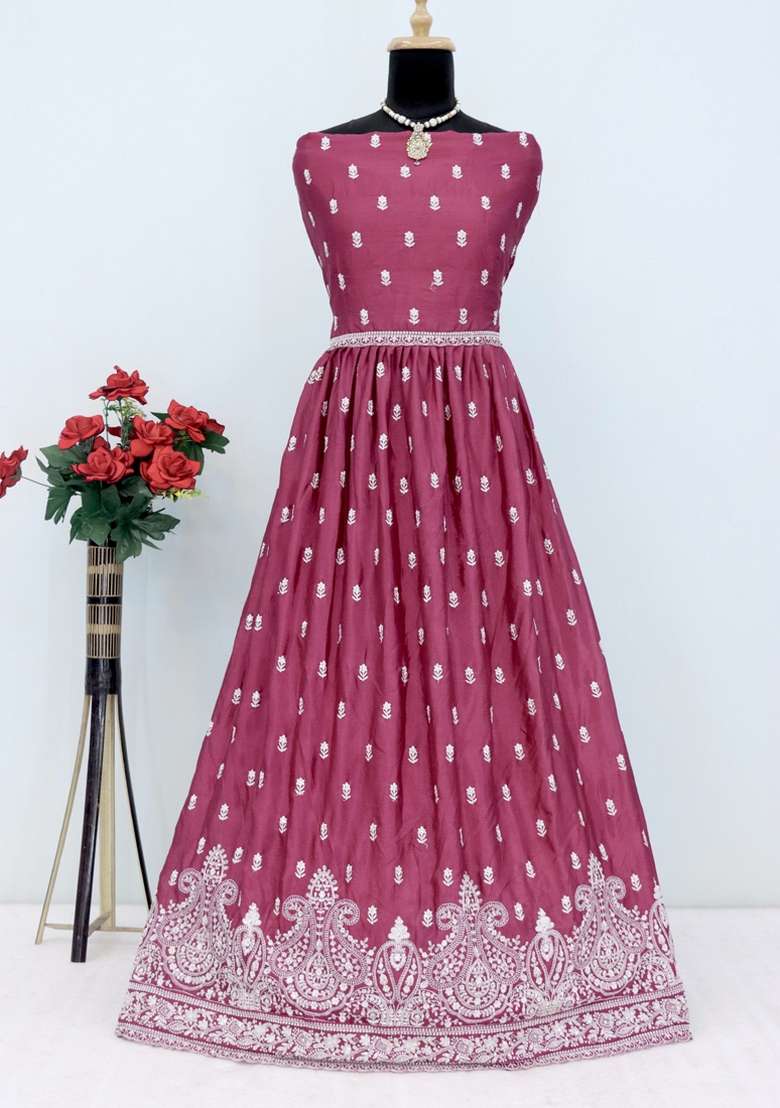 Pink Printed Silk Blend Anarkali Set - Indya