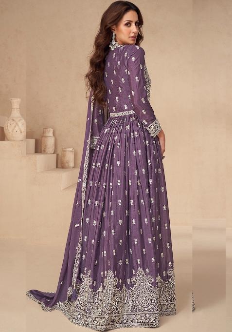 Lavender Embroidered Art Silk Anarkali Set With Dupatta