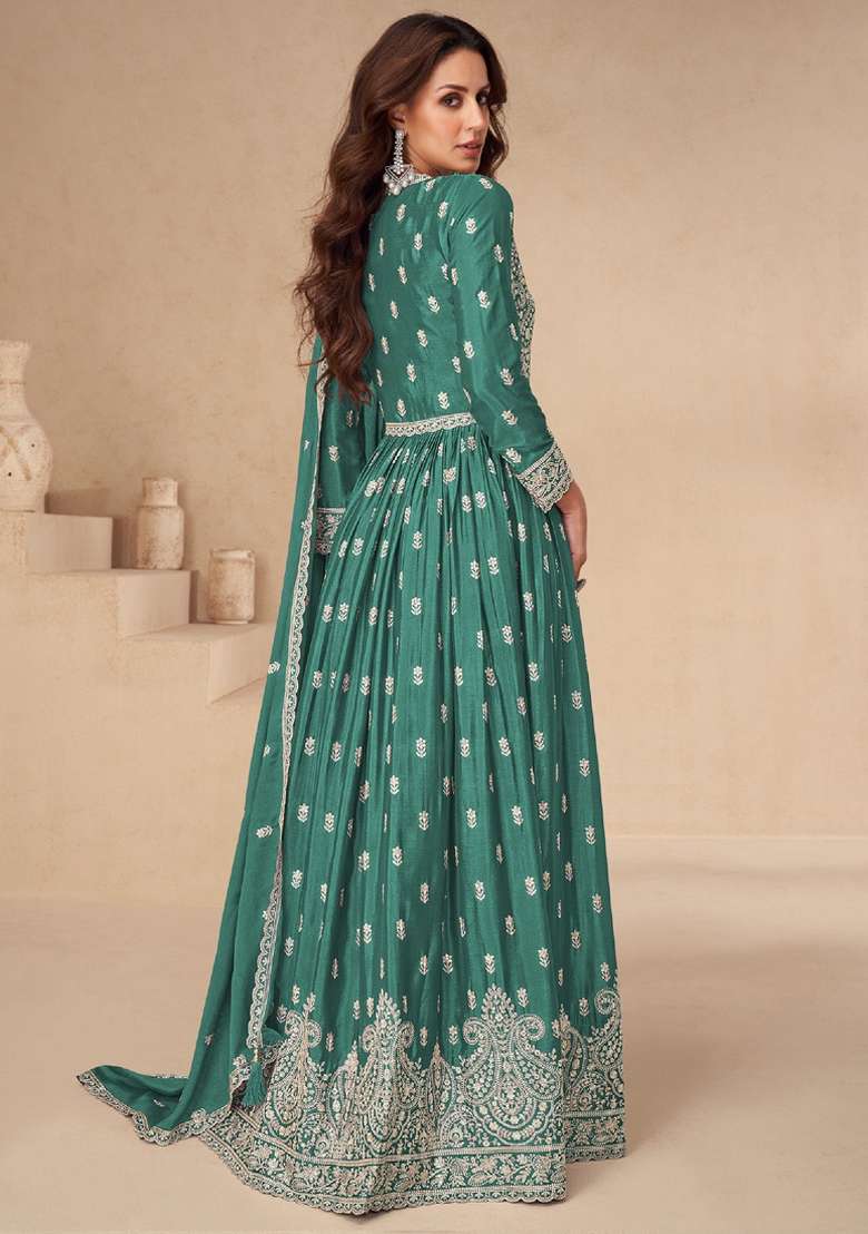 Sea Green Embroidered Silk Blend Anarkali Set - Indya