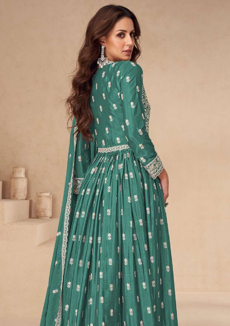 Sea Green Embroidered Silk Blend Anarkali Set - Indya