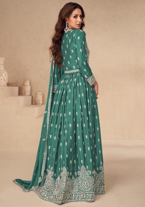 Sea Green Embroidered Art Silk Anarkali Set With Dupatta