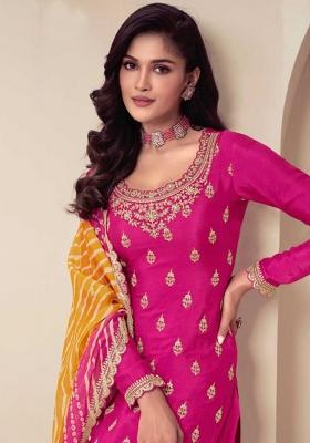 Pink Embroidered Art Silk Sharara Set With Dupatta