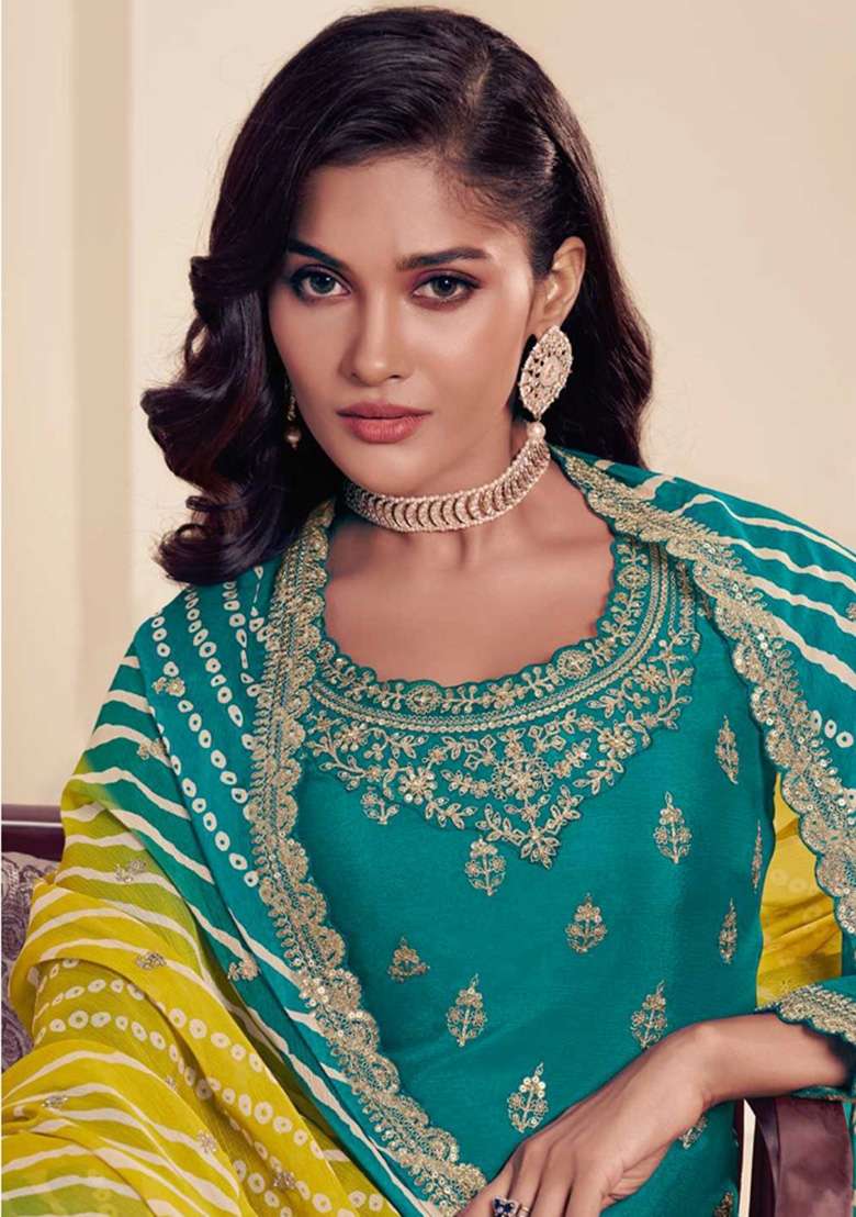 Turquoise Blue Embroidered Silk Blend Pakistani Suit Set - Indya