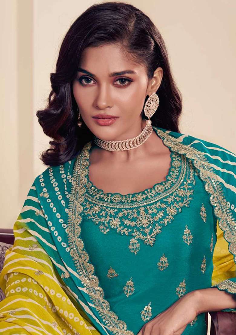 Turquoise Blue Embroidered Silk Blend Pakistani Suit Set - Indya