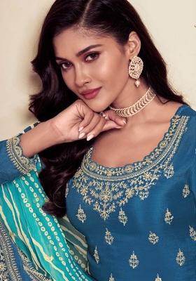 Aqua Blue Embroidered Art Silk Sharara Set With Dupatta