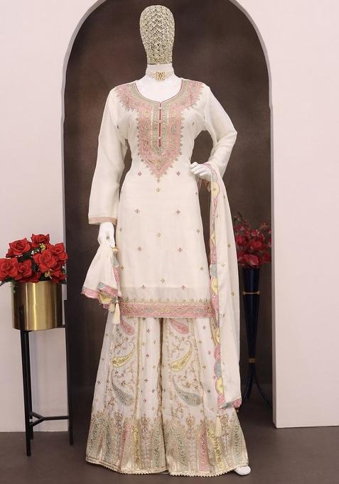 Off White Embroidered Art Silk Palazzo Set With Dupatta