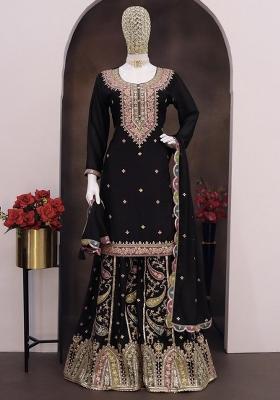 Black Embroidered Art Silk Palazzo Set With Dupatta