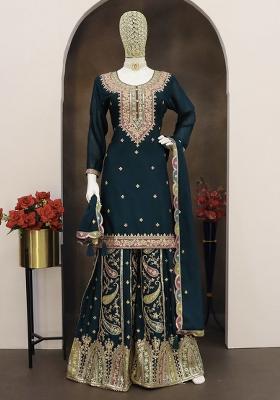 Blue Embroidered Art Silk Palazzo Set With Dupatta