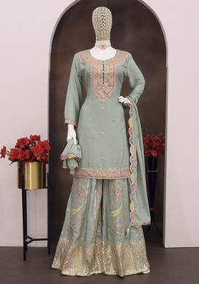 Sea Green Embroidered Art Silk Palazzo Set With Dupatta