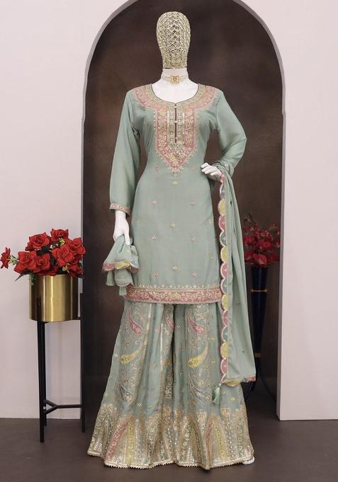 Sea Green Embroidered Art Silk Palazzo Set With Dupatta