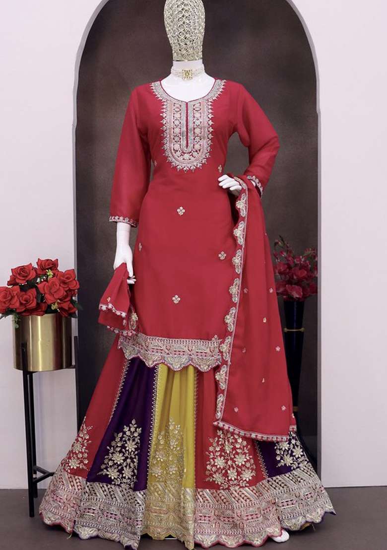 Pink Embroidered Silk Blend Sharara Set - Indya