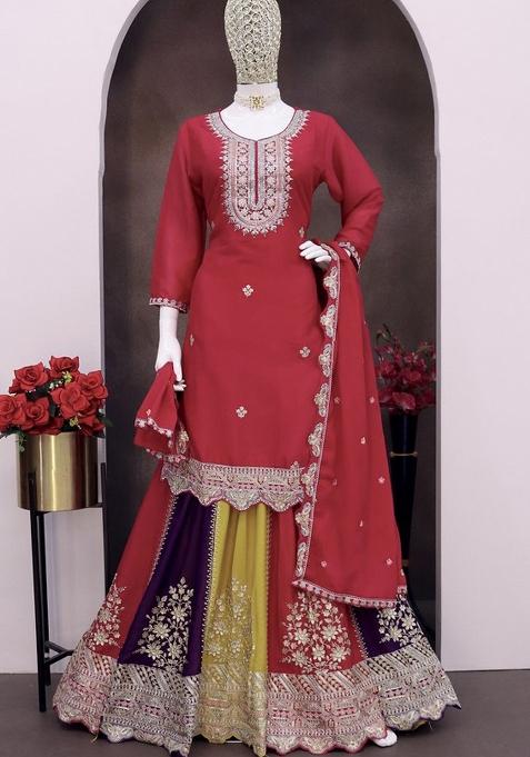 Pink Embroidered Art Silk Sharara Set With Dupatta